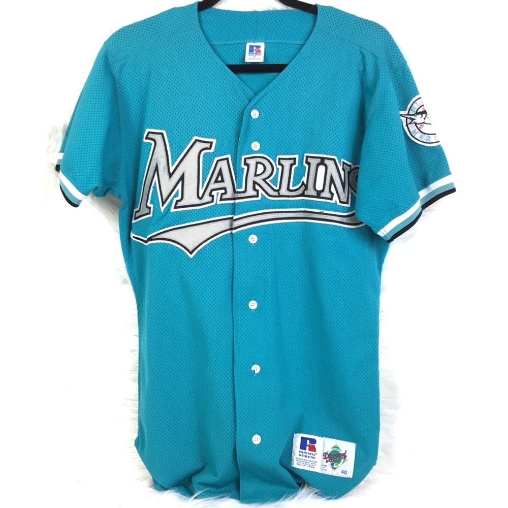 MLB Florida Marlins Vtg Russel Teal & Gray Diamond Jersey sz 40 Baseball USA